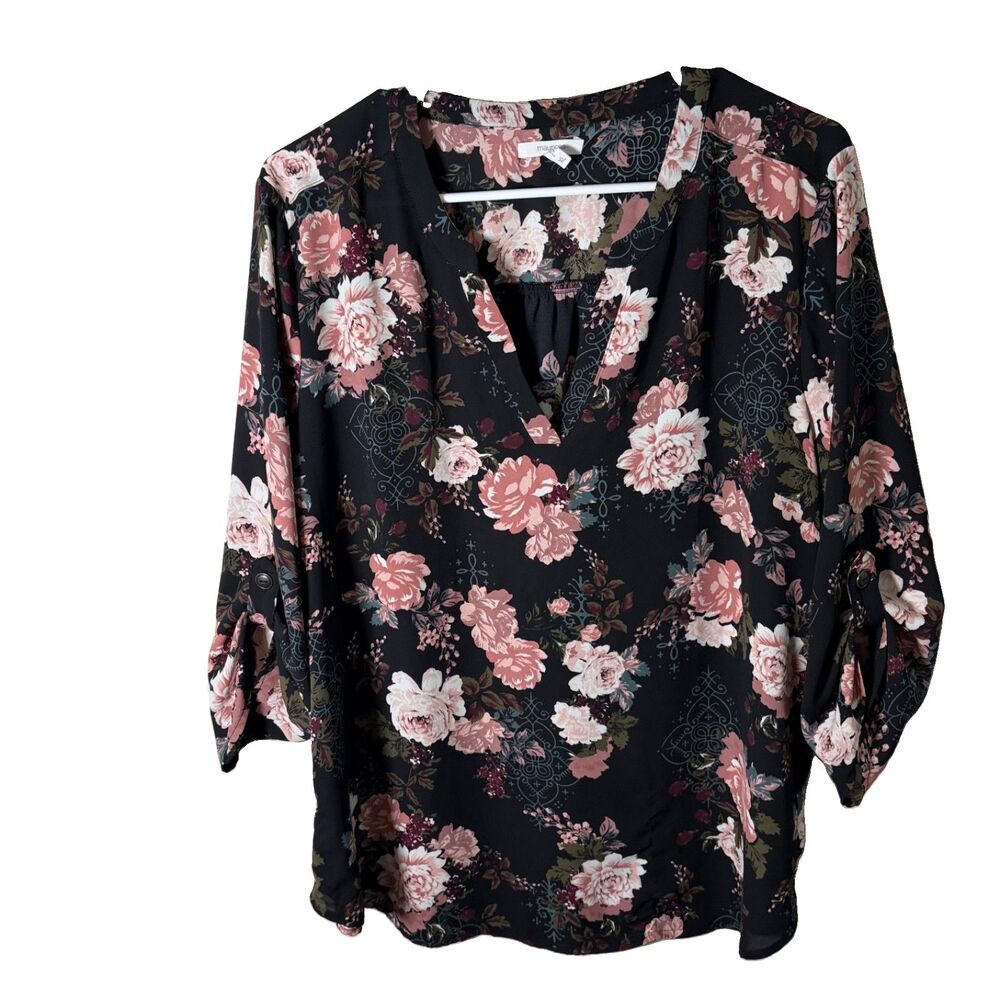 Maurices Blouse Women's XL Black Floral 3/4 Sleeve Lightweight Shirt Top Boho